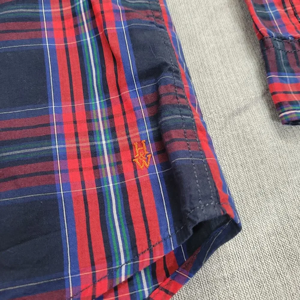 Holly Whyte Lindex Boys LG Tartan Plaid Navy Red Holiday Christmas Shirt EUC